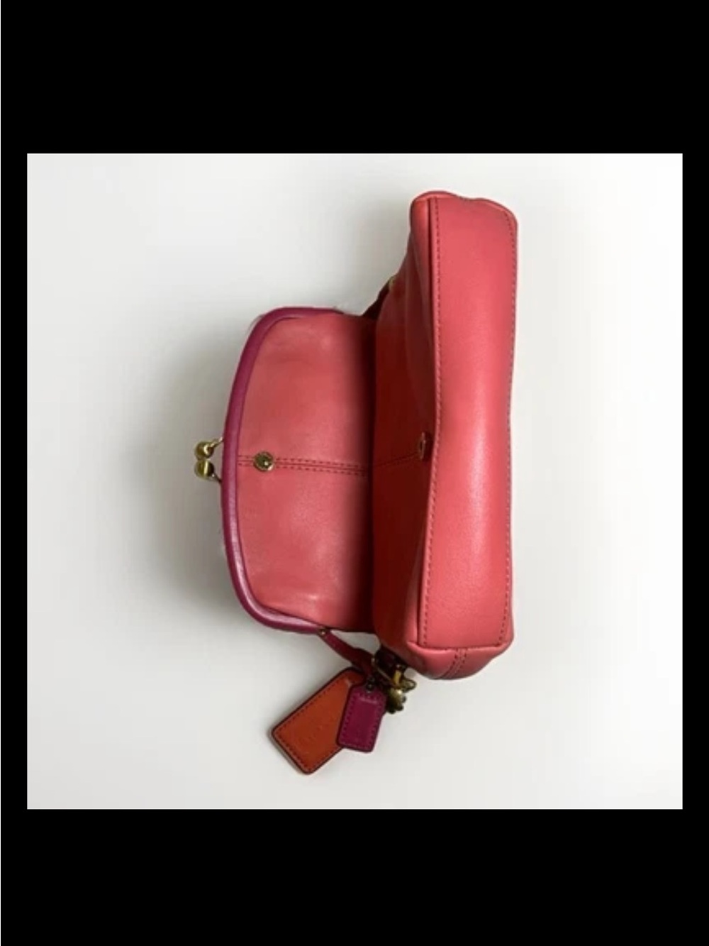 Coach Clutch/Wristlet, Foldover, Kisslock, Two-Tone Coral, Pink Leather, Brass - Picture 11 of 14